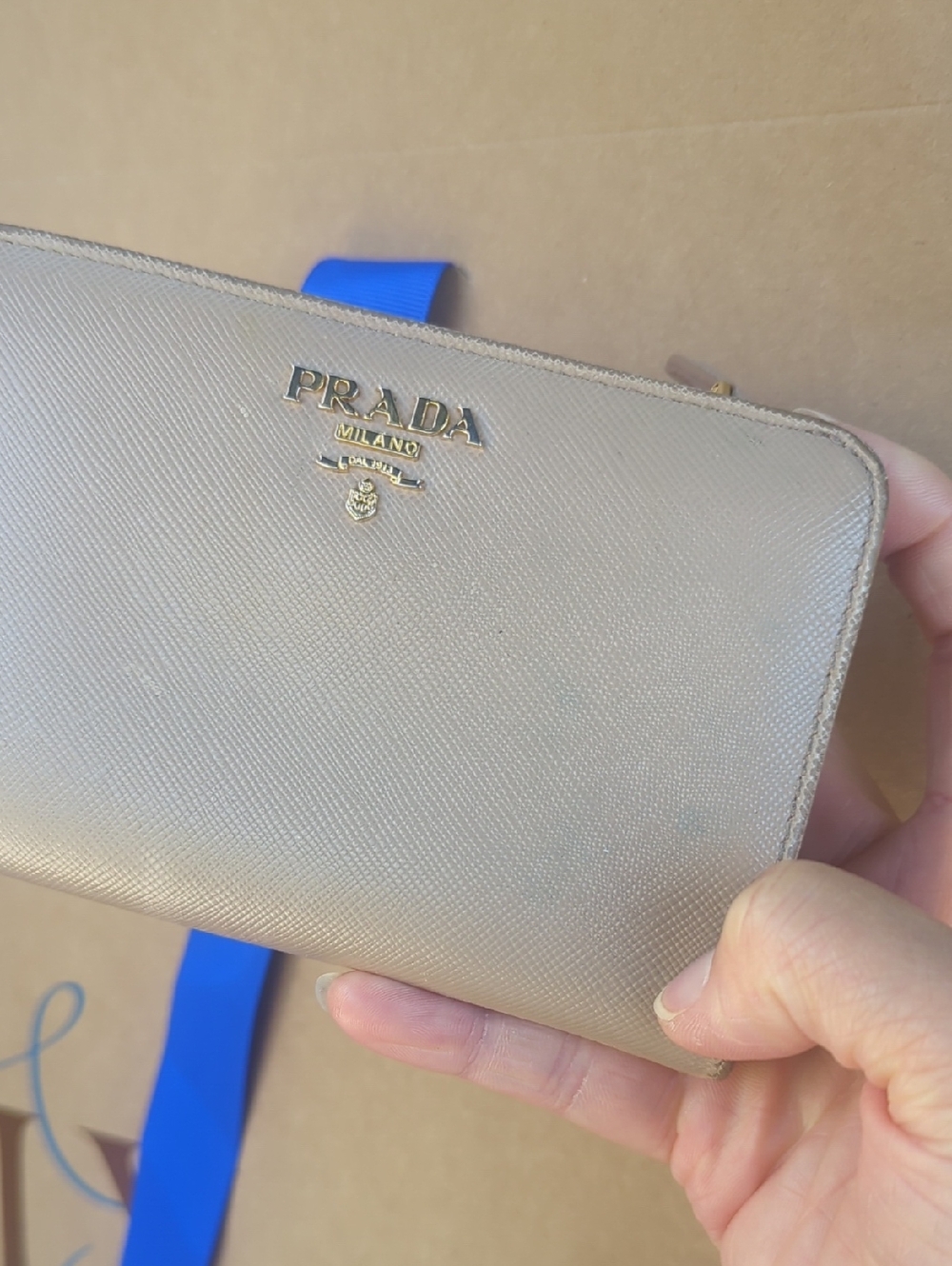Prada Metallic Beige Zip-Around Wallet with Gold Logo